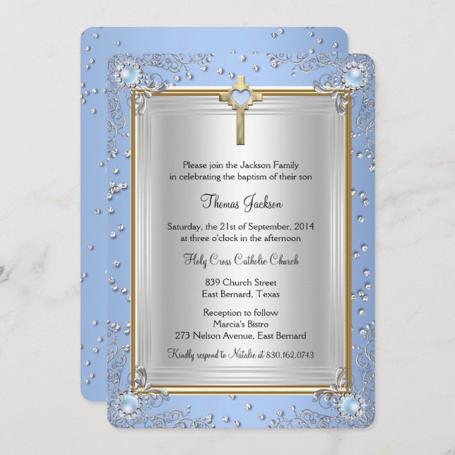 Convites Blue Sparkle Jewel Baptism Natal Dourado 2 (Frente/Verso)