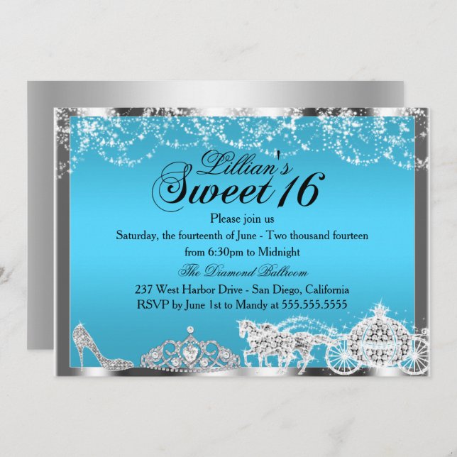 Convites Blue Sparkle Theme Sweet 16 Invite (Frente/Verso)