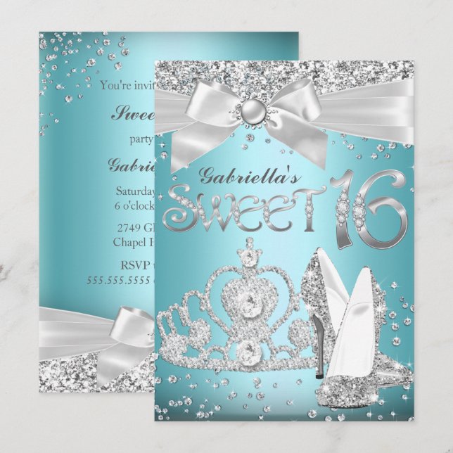 Convites Blue Sparkle Tiara & Heels Sweet 16 Invite (Frente/Verso)
