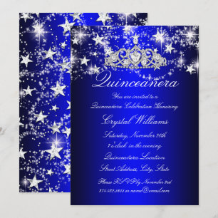 Convites Blue Sparkle Tiara & Stars Quinceanera