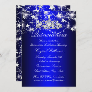 Convites Blue Sparkle Tiara & Stars Quinceanera