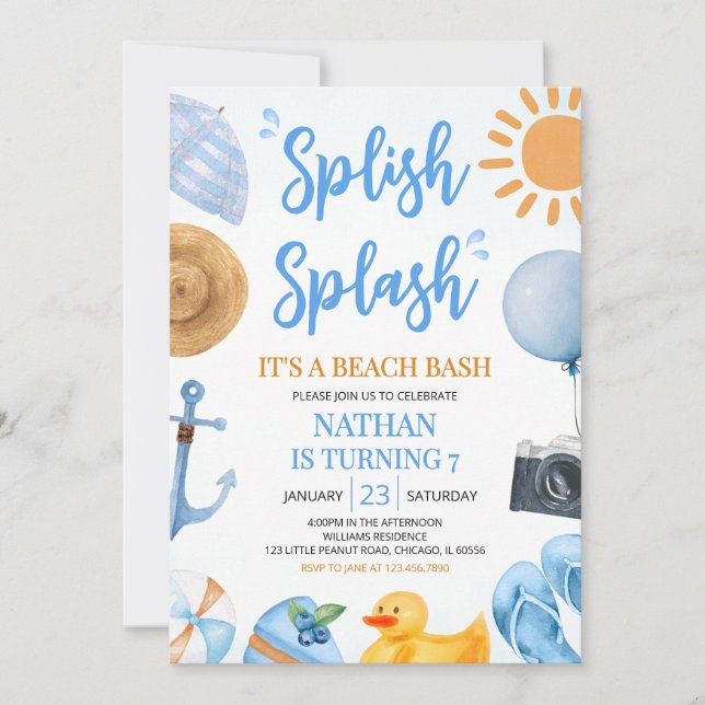 Convites Blue Splash Beach Bash Aniversário (Frente)