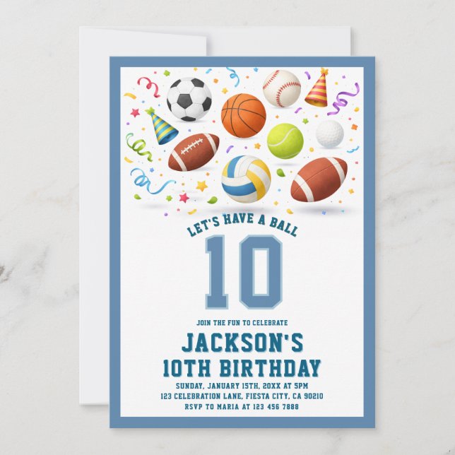 Convites Blue Sports Let’s Have a Ball Birthday Invitation (Frente)