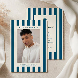 Convites Blue Sporty Stripes 2 Photo Graduation Party
