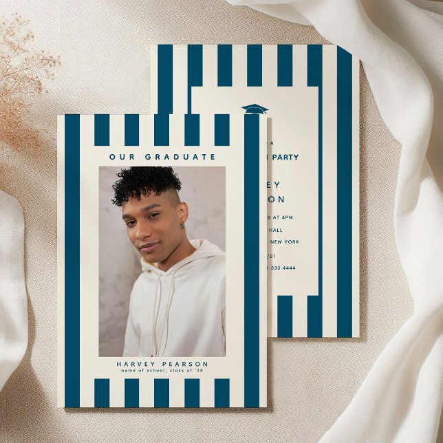 Convites Blue Sporty Stripes 2 Photo Graduation Party (Criador carregado)