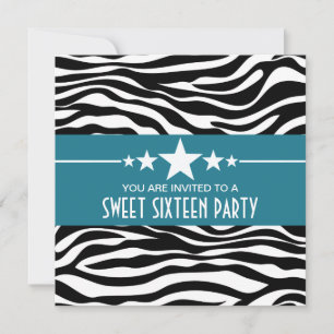 Convites Blue Stars Zebra Print Sweet 16 Invite