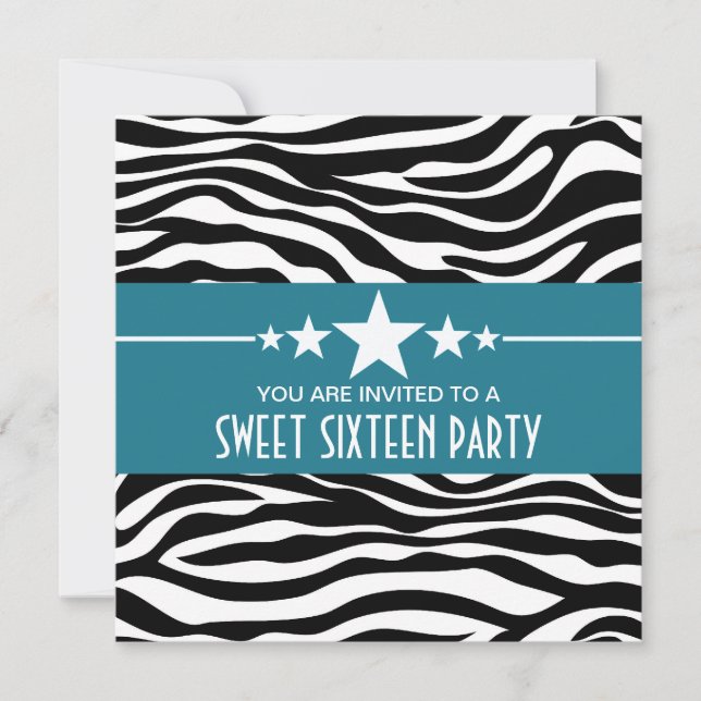 Convites Blue Stars Zebra Print Sweet 16 Invite (Frente)