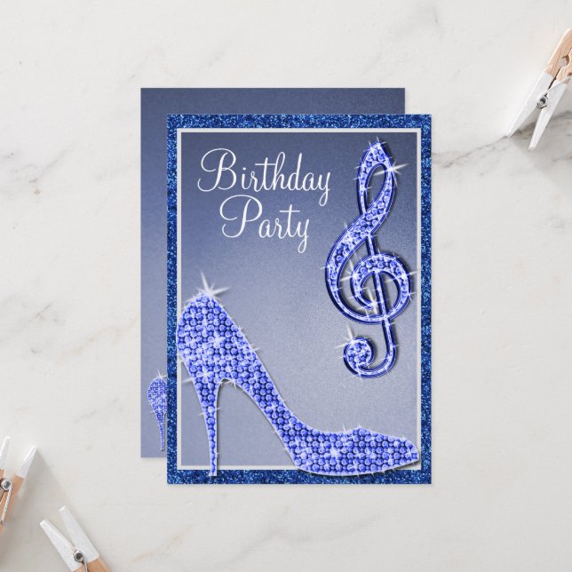 Convites Blue Stiletto & Treble Clef Birthday (Frente/Verso In Situ)