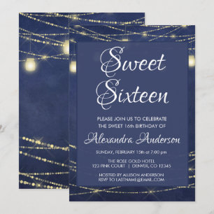 Convites Blue String Light Mason Jar Sweet 16 Aniversário