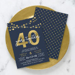 Convites Blue Strings of Lights 40th Wedding Anniversário<br><div class="desc">Convite para 40 anos da Elegante, com cordas de luz e "40" em folha de ouro falsa com "anos juntos" em branco contra fundo azul escuro. A placa inclui um padrão correspondente do lado traseiro. Veja os itens correspondentes como adesivos e carimbos aqui https://www.zazzle.com/collections/strings_of_lights_faux_gold_celebration_collection-119311942951401241?rf=238364477188679314 Personalize-o substituindo o texto do marcador...</div>