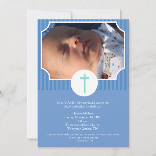 Convites Blue Stripe Baptism Baby Dedication 5x7 foto (Frente)