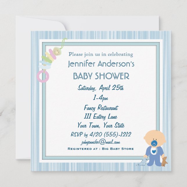 Convites Blue Stripe Boy Baby Shower Invants (Frente)