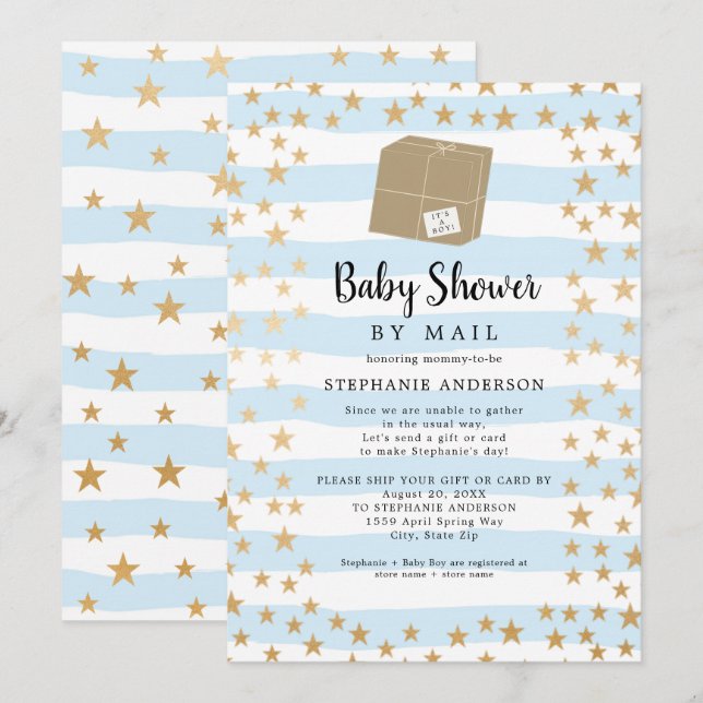 Convites Blue Stripe + Chá de fraldas Dourado Star Boy por  (Frente/Verso)