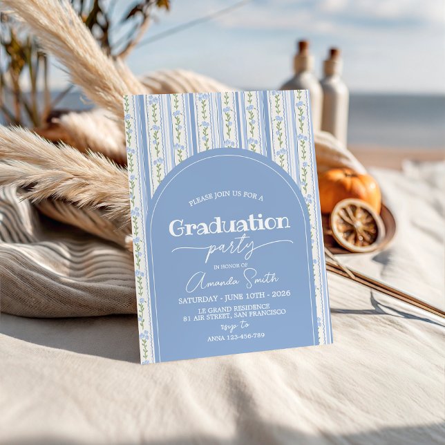Convites Blue Stripe Floral Arch Graduation Invite (Criador carregado)