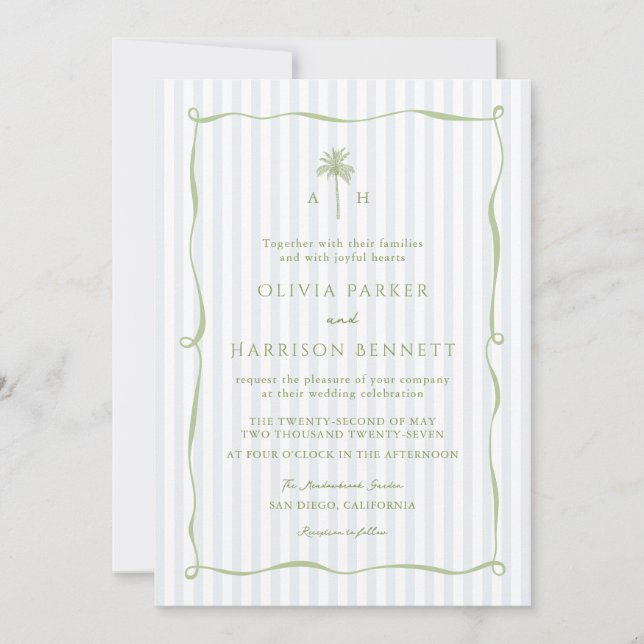 Convites Blue Stripe Palm Tree Tropical Wedding Invitation (Frente)