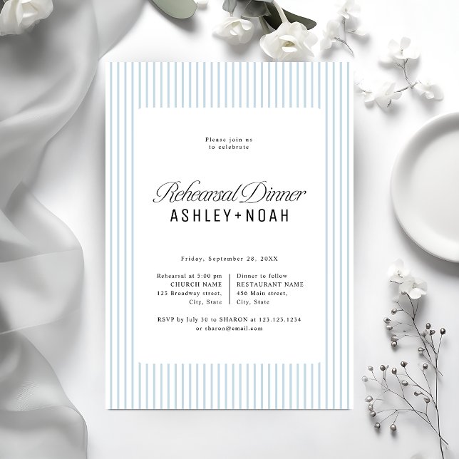 Convites Blue Striped Elegance Classy Rehearsal Dinner (Blue Striped Elegance Classy Rehearsal Dinner Invitation)