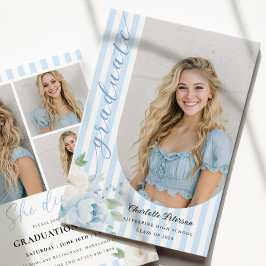 Convites Blue Stripes Floral Graduation Invitation