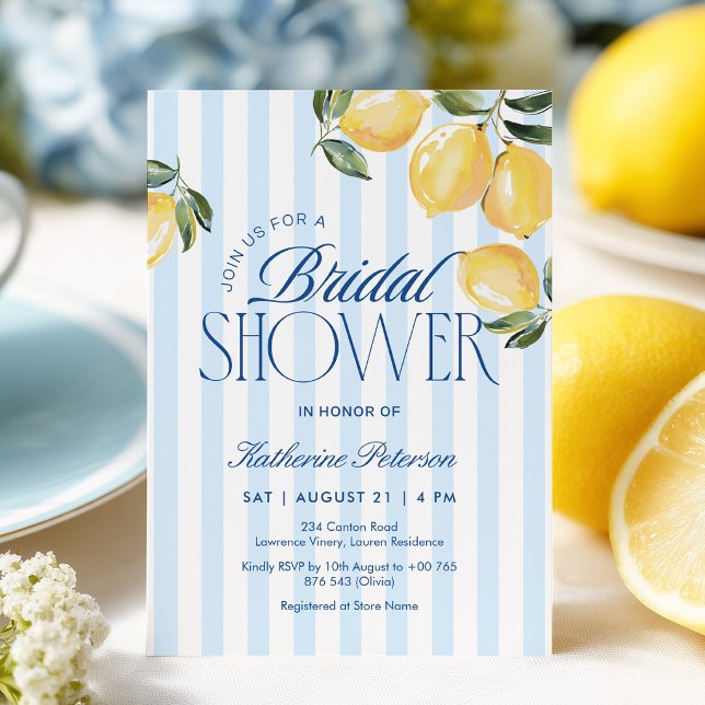 Convites Blue Stripes Lemon Bridal Shower Invitation (Criador carregado)