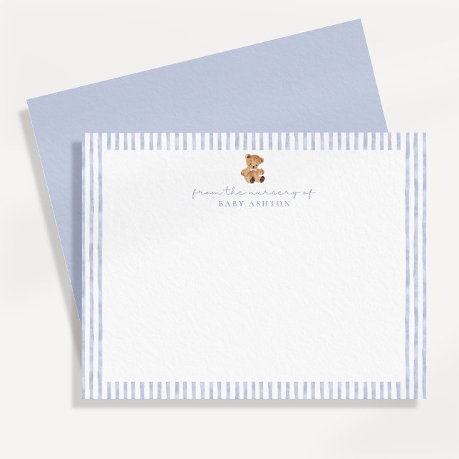 Convites Blue Stripes Teddy Bear Nursery Note Card (Criador carregado)