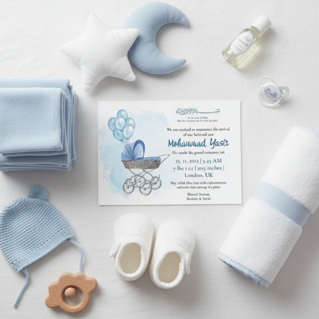 Convites Blue stroller balloon muslim baby boy birth invita (Criador carregado)