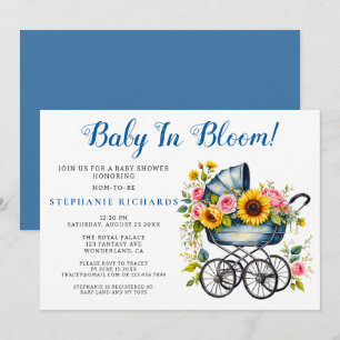 Convites Blue Stroller Floral Baby In BloChá de fraldas
