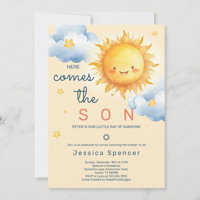 Convites Blue Sunshine Sun Here Comes the Son Baby Shower (Frente)