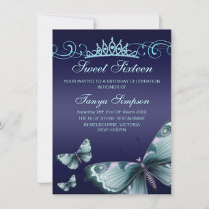 Convites Blue Sweet16 Butterfly & Tiara Birthday Invite