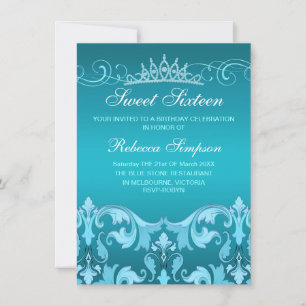 Convites Blue Sweet16 Damask & Tiara Birthday Convida