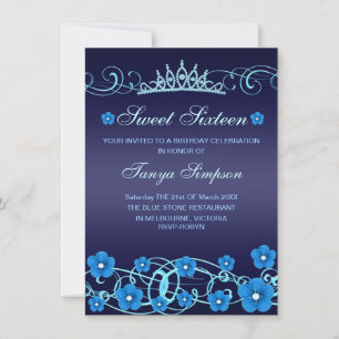Convites Blue Sweet16 Flower & Tiara Birthday Invite