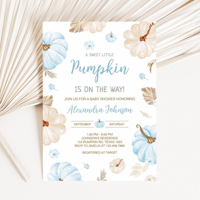 Convites Blue Sweet Little Pumpkin Fall Baby Shower (Boy Sweet Little Pumpkin Fall Baby Shower Invitation)