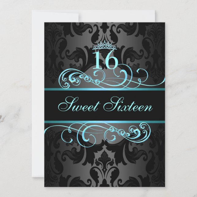 Convites Blue Swirl Damask Sweet16 Birthday Invite (Frente)