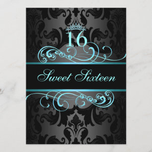 Convites Blue Swirl Damask Sweet16 Birthday Invite