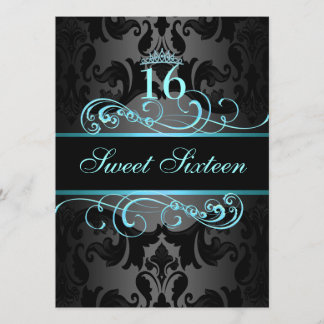 Convites Blue Swirl Damask Sweet16 Birthday Invite
