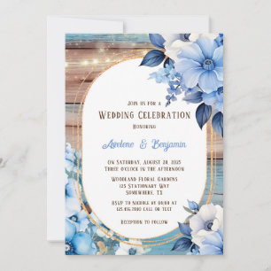 Convites Blue Tan Wood Lights Florals Celebração de Casamen