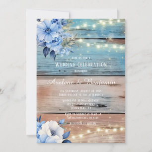 Convites Blue Tan Wood Lights Florals Celebração de Casamen