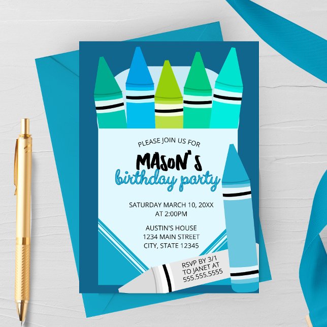 Convites Blue & Teal Crayon Birthday Party Invitation (Criador carregado)