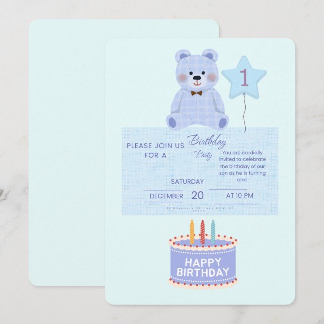 Convites Blue Teddy Bear 1st Birthday Invitation - Customiz (Frente/Verso)