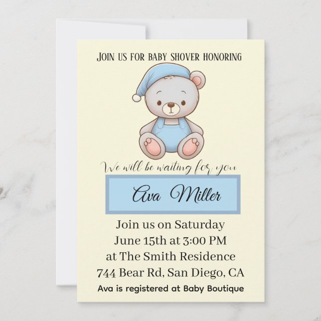 Convites Blue Teddy Bear Baby Shower Invitation | (Frente)
