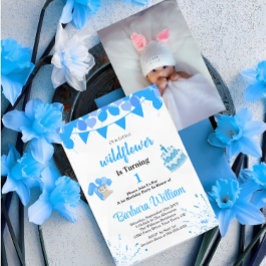 Convites Blue Teddy Bear First Birthday Photo Invitation