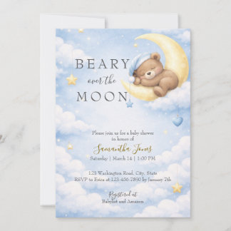 Convites Blue Teddy Bear Moon Baby Shower Invitation