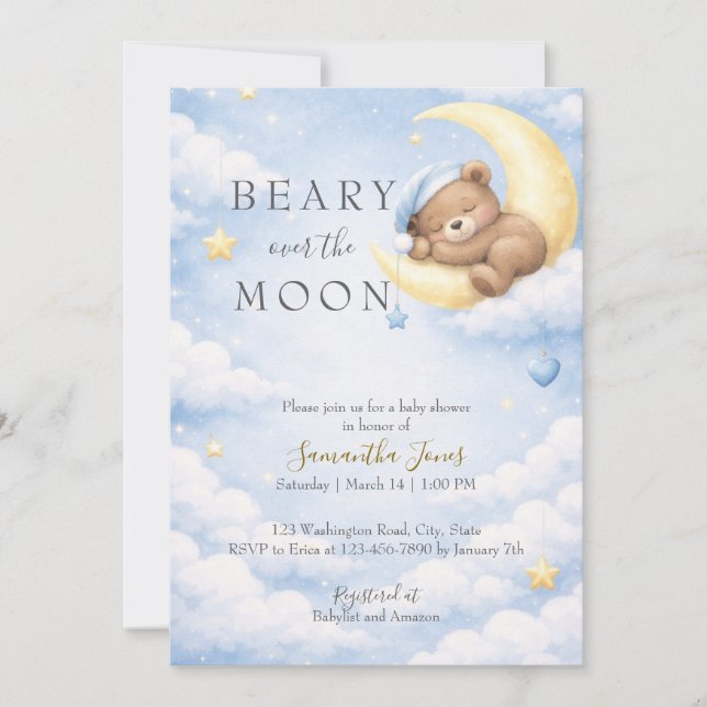 Convites Blue Teddy Bear Moon Baby Shower Invitation (Frente)