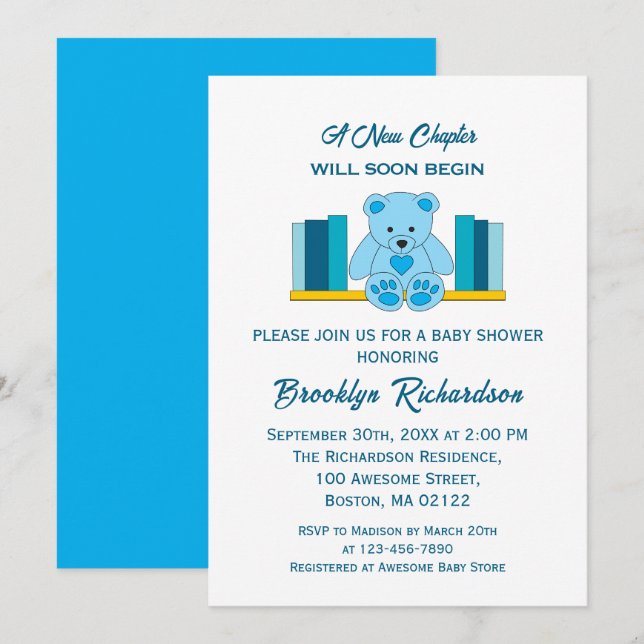 Convites Blue Teddy Bear Novo Capítulo Chá de fraldas Story (Frente/Verso)