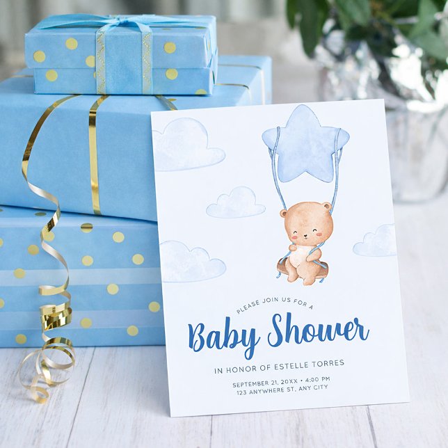 Convites Blue Teddy Bear with Star Balloon Boy Baby Shower (Blue Teddy Bear with Star Balloon Boy Baby Shower Invitation, Oh Baby Invitation)