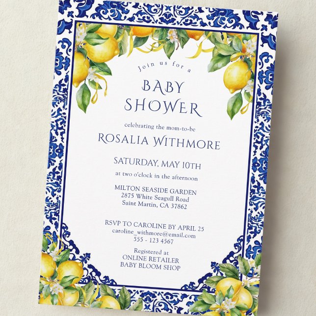 Convites Blue Tile Lemon Mediterranean Baby Shower (Criador carregado)