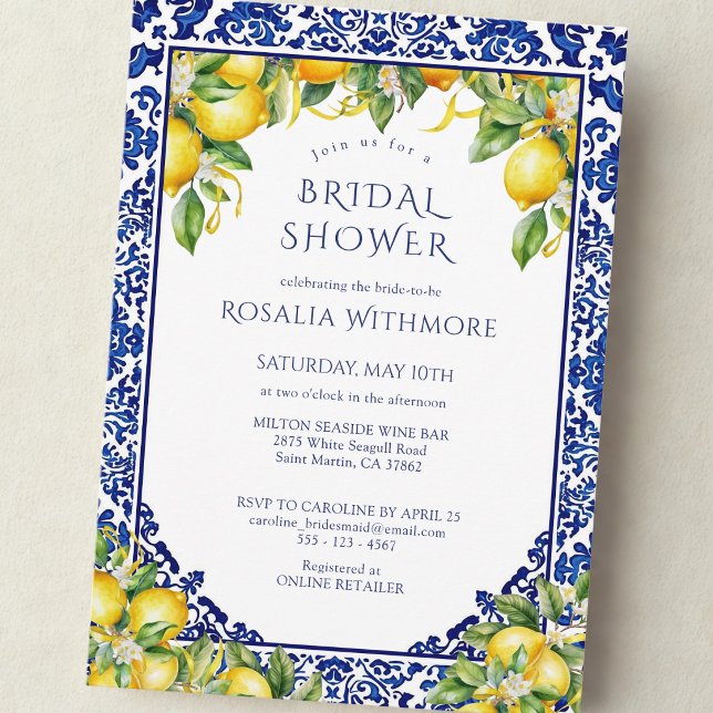 Convites Blue Tile Lemon Mediterranean Bridal Shower (Criador carregado)