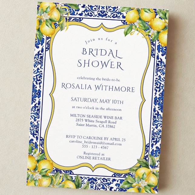 Convites Blue Tile Lemon Mediterranean Bridal Shower (Criador carregado)