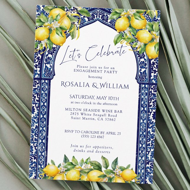 Convites Blue Tile Lemon Mediterranean Engagement Party (Criador carregado)