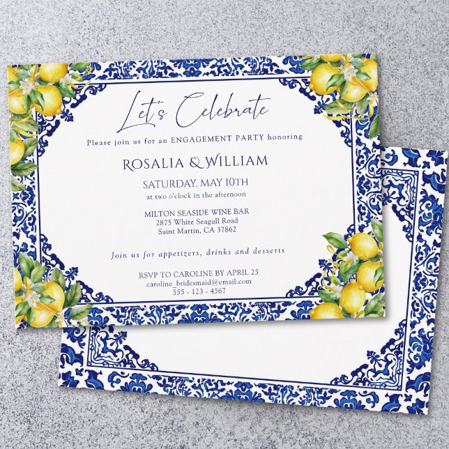 Convites Blue Tile Lemon Mediterranean Engagement Party (Criador carregado)