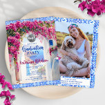 Convites Blue Tiles Pink Flowers Disco Graduation Party<br><div class="desc">Watercolor-painted Greek island Mamma Mia-themed party design with magenta pink bougainvillea flowers and blue Mediterranean tiles.</div>