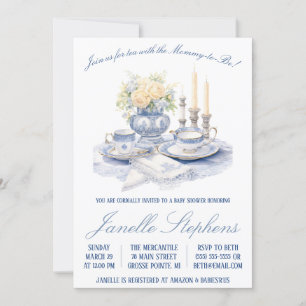 Convites Blue Toile China, Chá de fraldas vitoriano do Tea